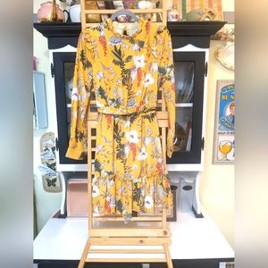 Yellow floral, vintage inspired, belted, long sleeved, mini dress